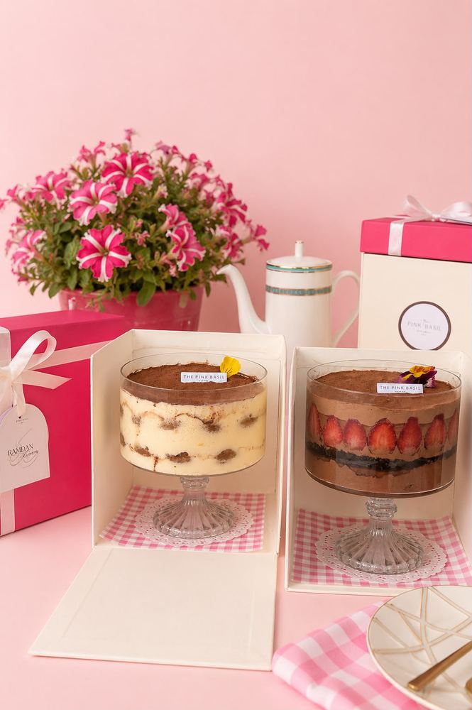 Tiramisu and Belgian chocolate strawberry luxe bowls in gift boxes