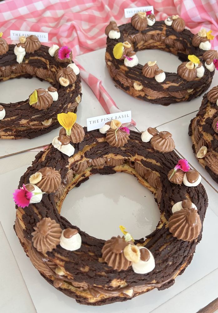 Chocolate hazelnut Paris-Brest rings with edible flowers
